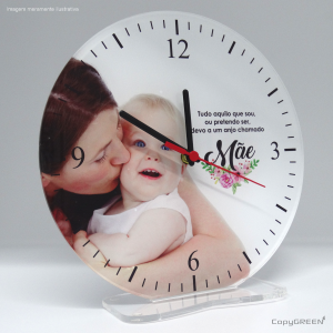 Relógio de Mesa Personalizado Acrílico Cristal 5mm 25x25cm 4x0 + branco  4 pés em silicone 